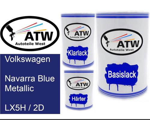 Volkswagen, Navarra Blue Metallic, LX5H / 2D: 500ml Lackdose + 500ml Klarlack + 250ml Härter - Set, von ATW Autoteile West.